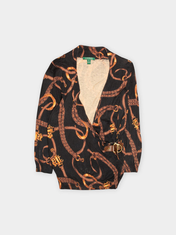 90s Lauren Ralph Black Print Equestrian Bridle Print Sweater M