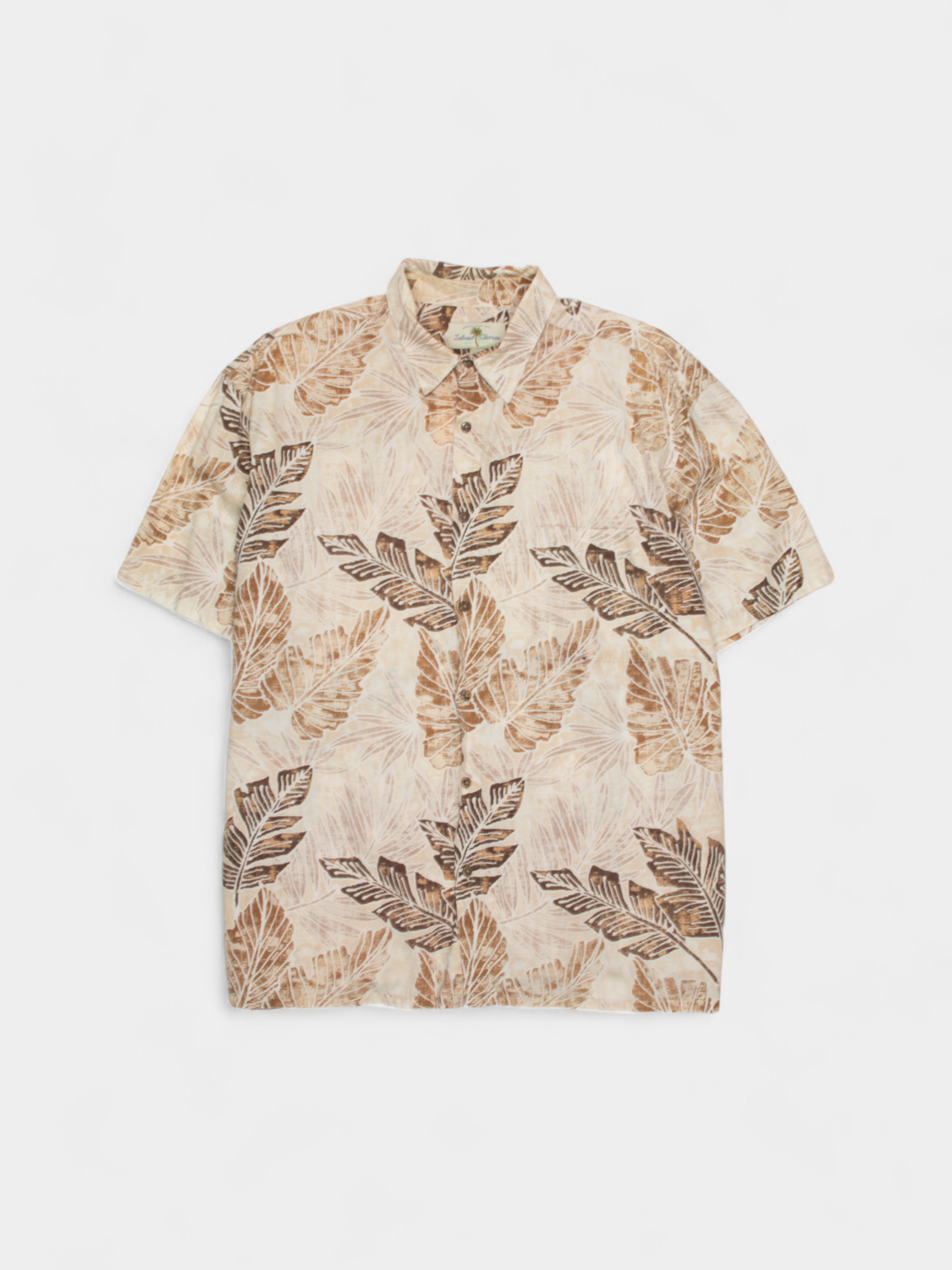 90s Island Shores Beige Leaf Print Cotton Hawaiian Shirt XL - The Thrift