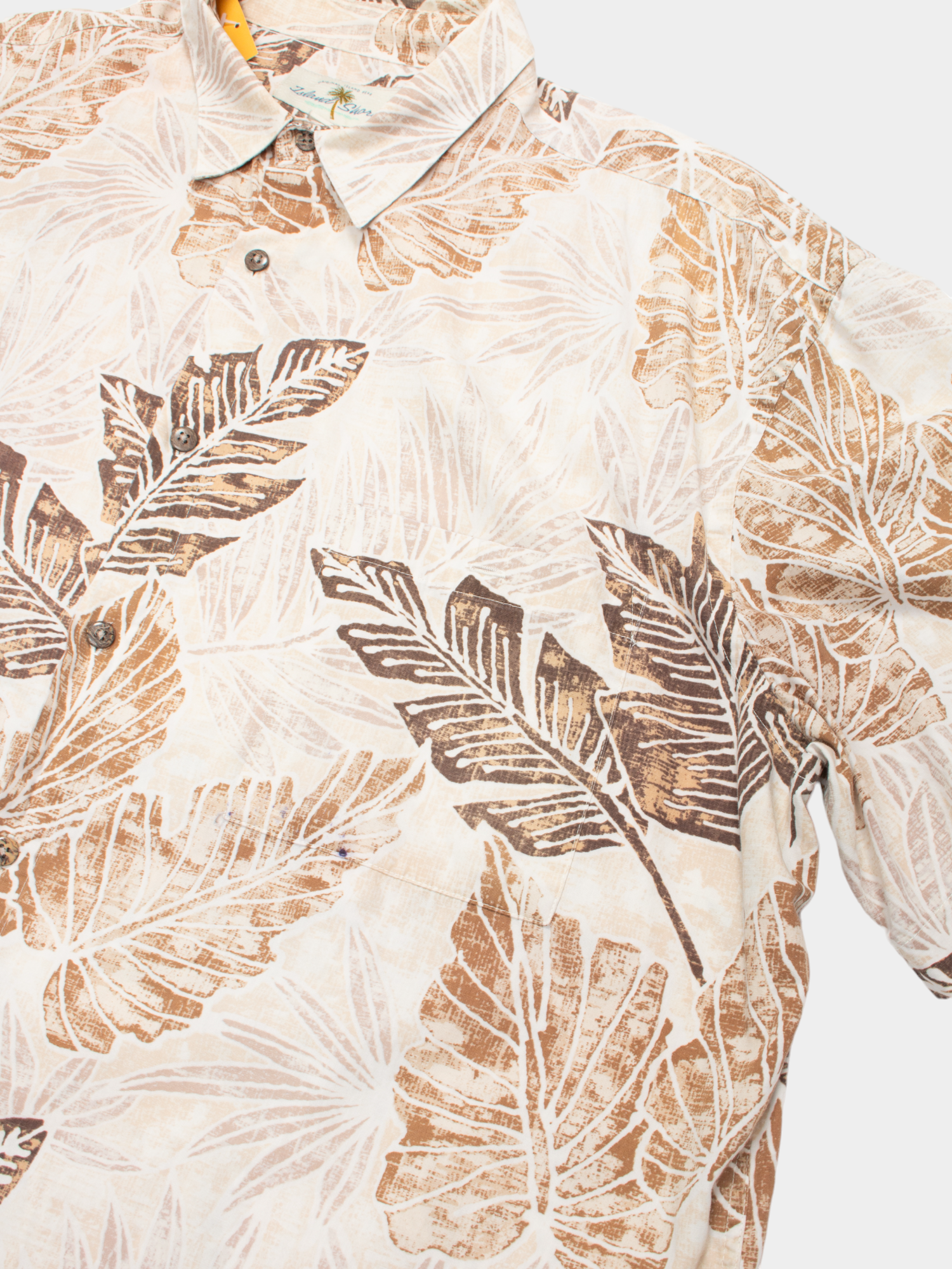 90s Island Shores Beige Leaf Print Cotton Hawaiian Shirt XL - The Thrift