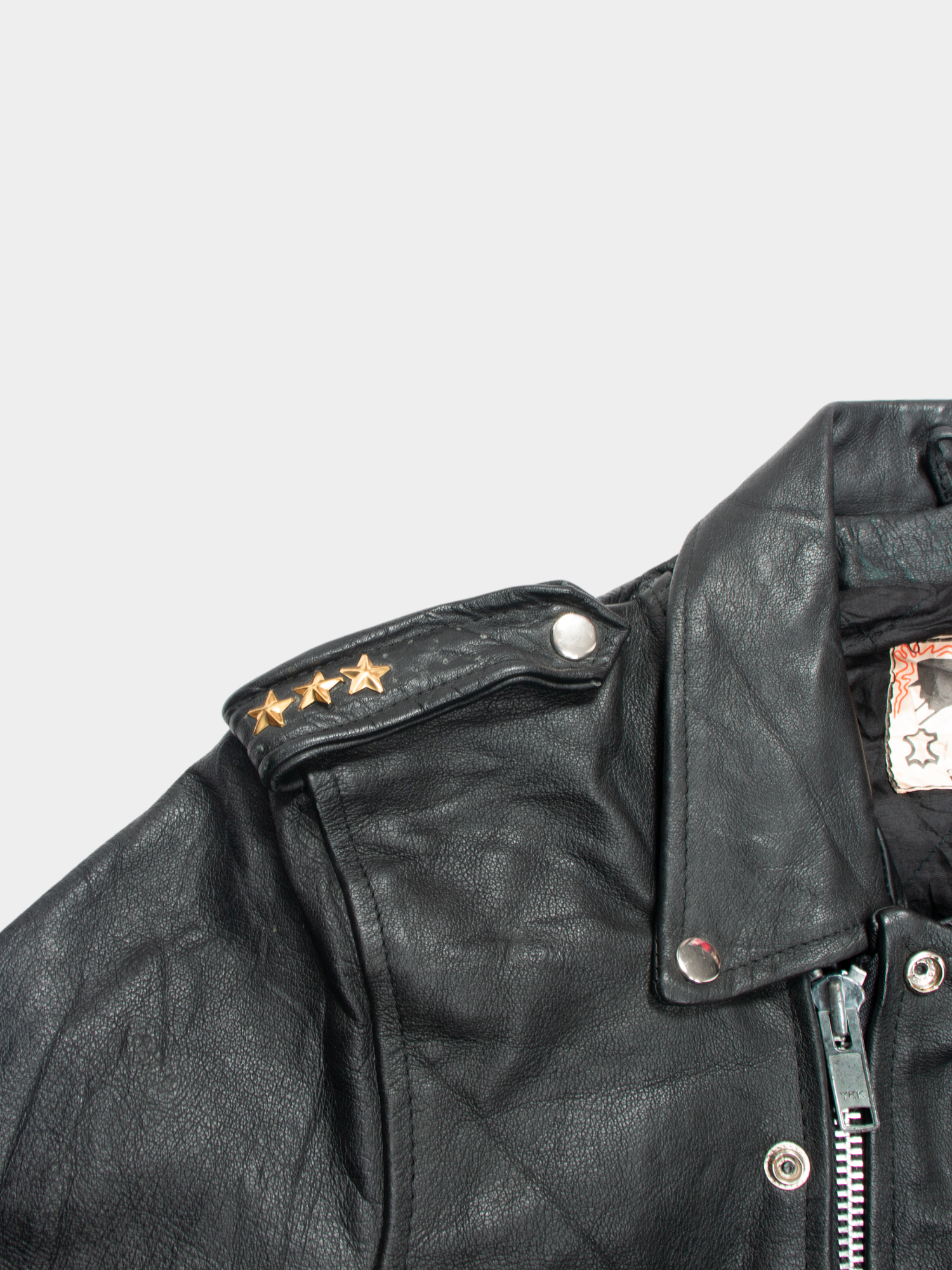 80s Famous Black Leather Motorcycle Jacket with Belt L - The Thrift