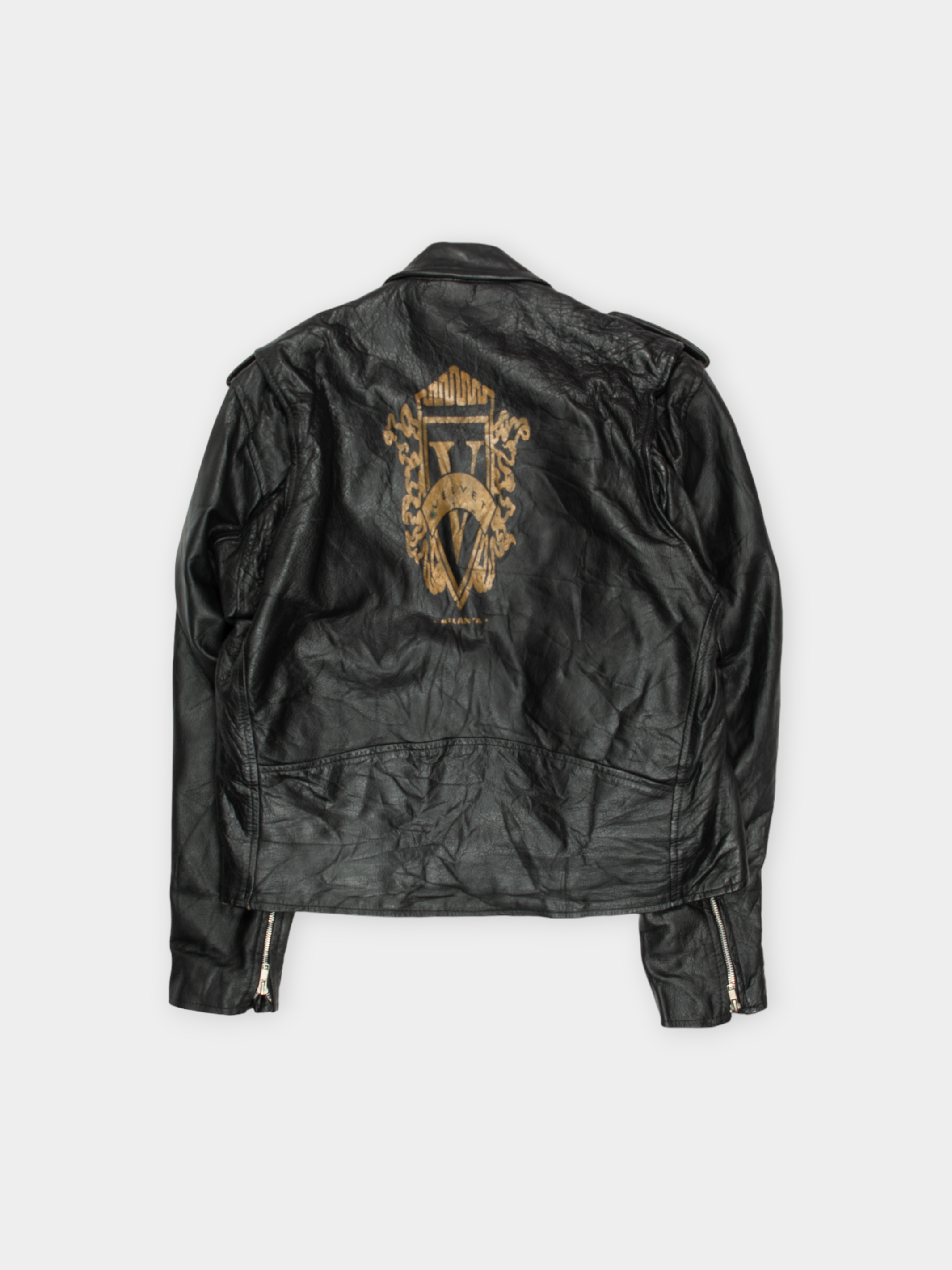 80s Famous Black Leather Motorcycle Jacket with Belt L - The Thrift