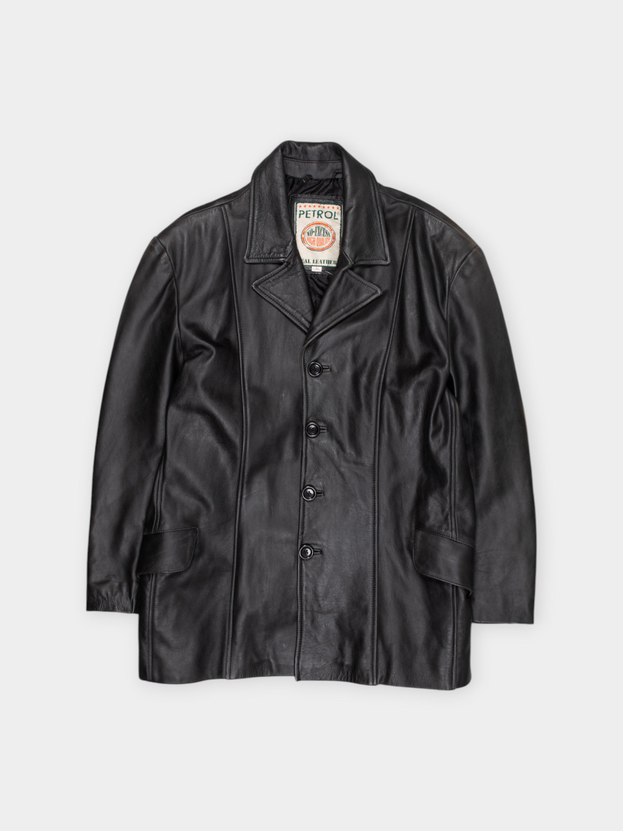 90s Petrol Black Leather Overcoat L - The Thrift