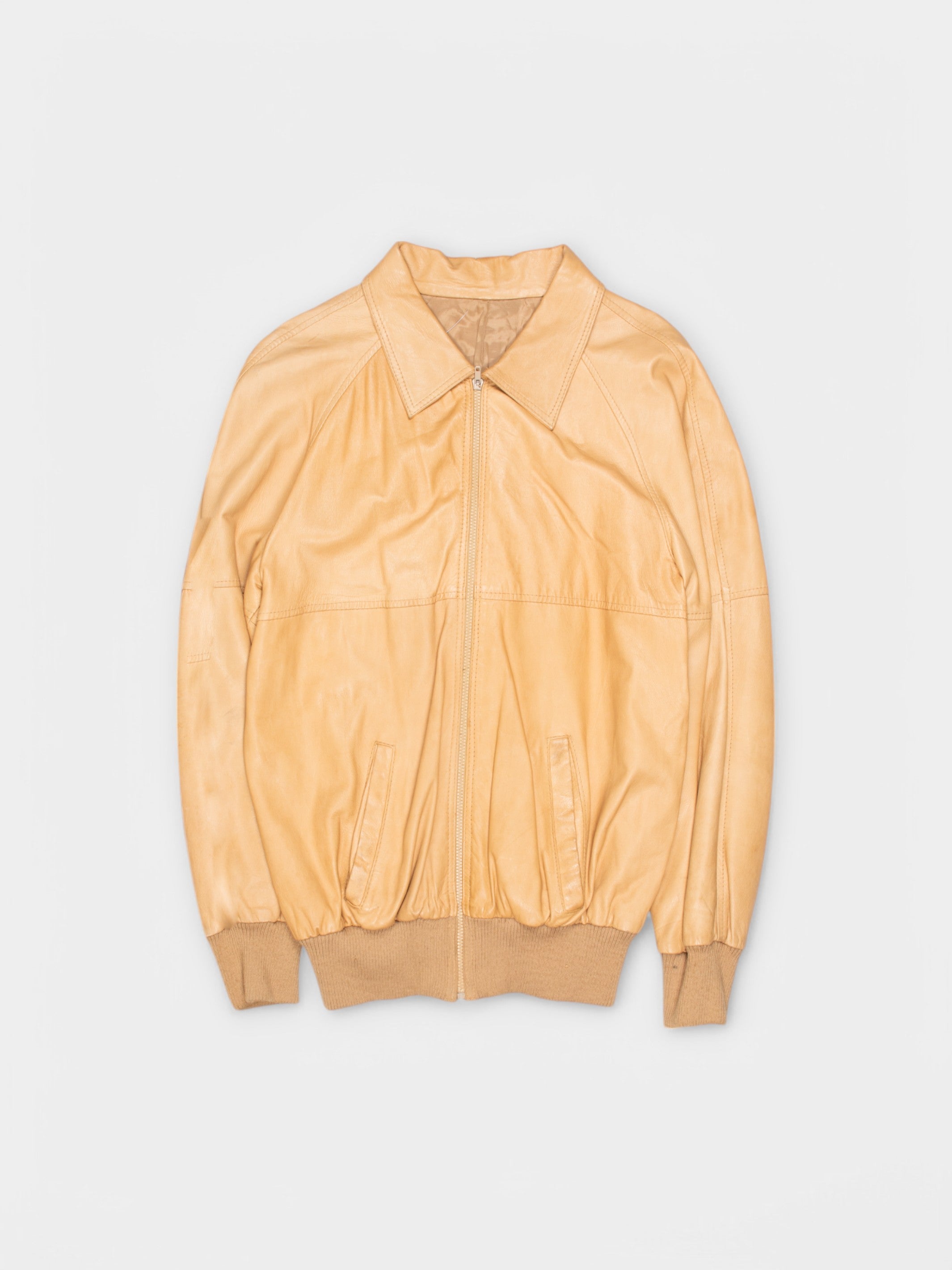 70s Unbranded Tan Leather Bomber Jacket M - The Thrift