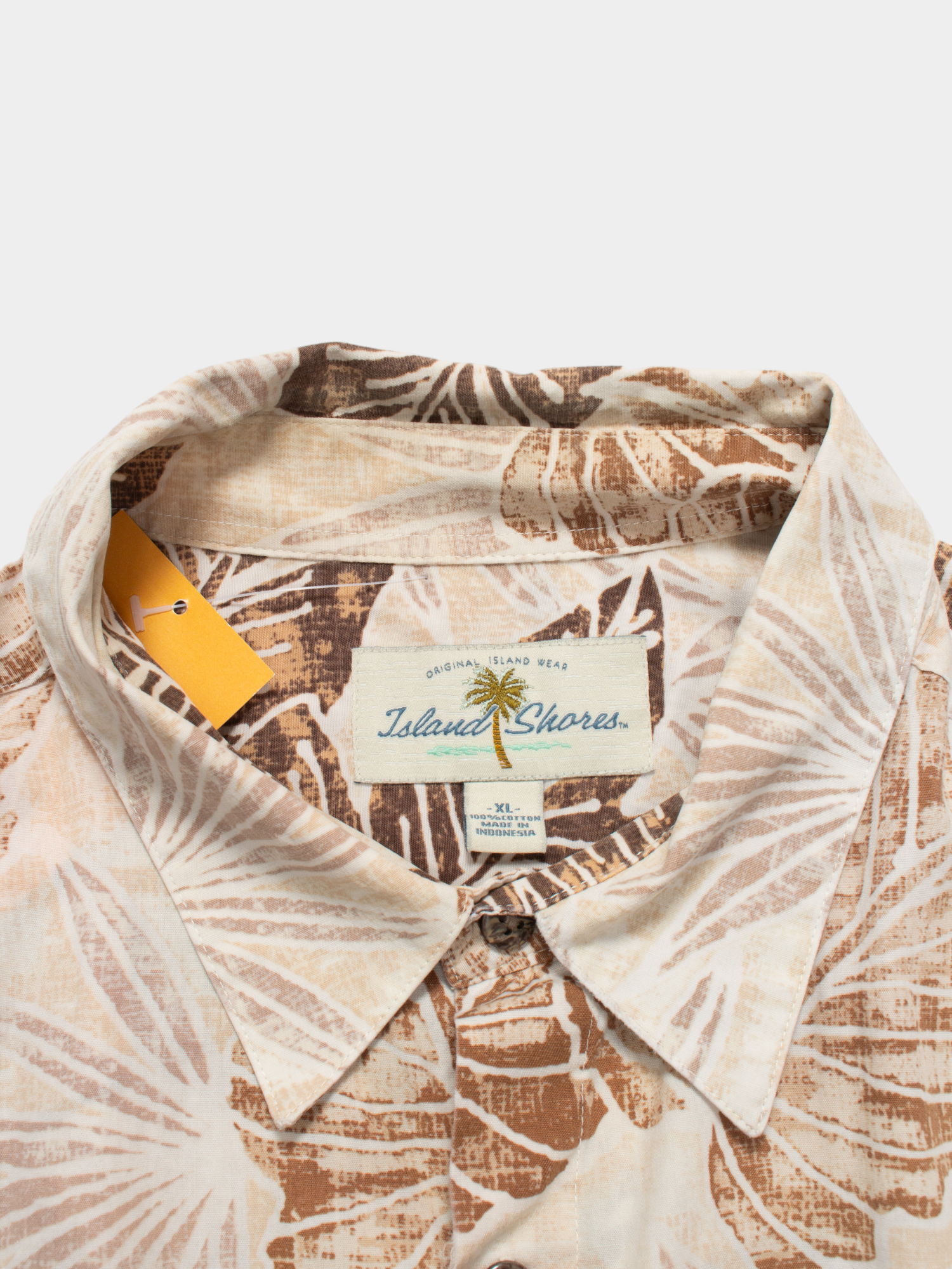 90s Island Shores Beige Leaf Print Cotton Hawaiian Shirt XL - The Thrift