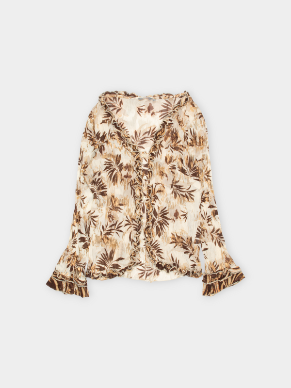 00s Per Una Brown & Cream Ruffled Leaf Print Blouse L - The Thrift