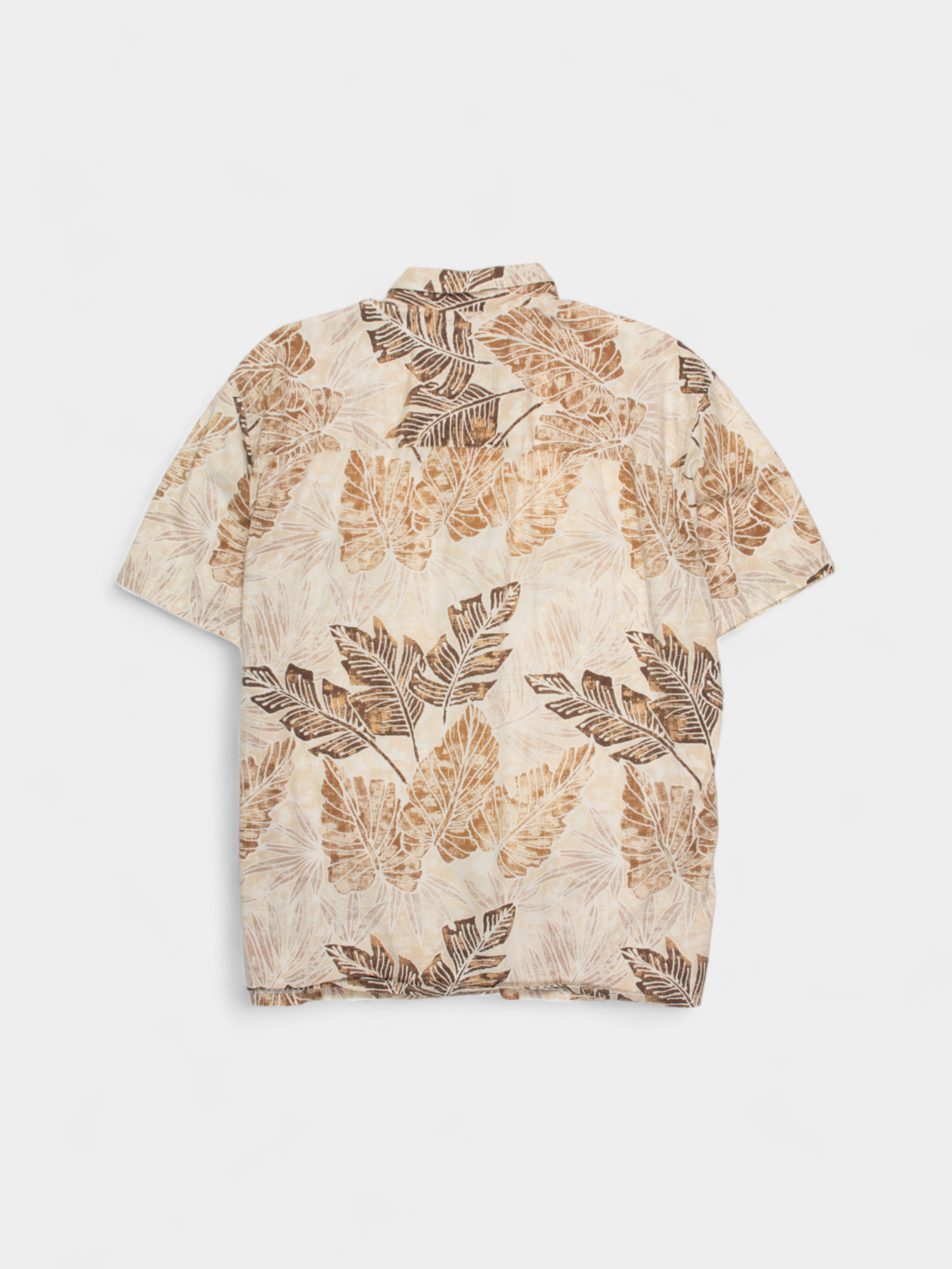 90s Island Shores Beige Leaf Print Cotton Hawaiian Shirt XL - The Thrift