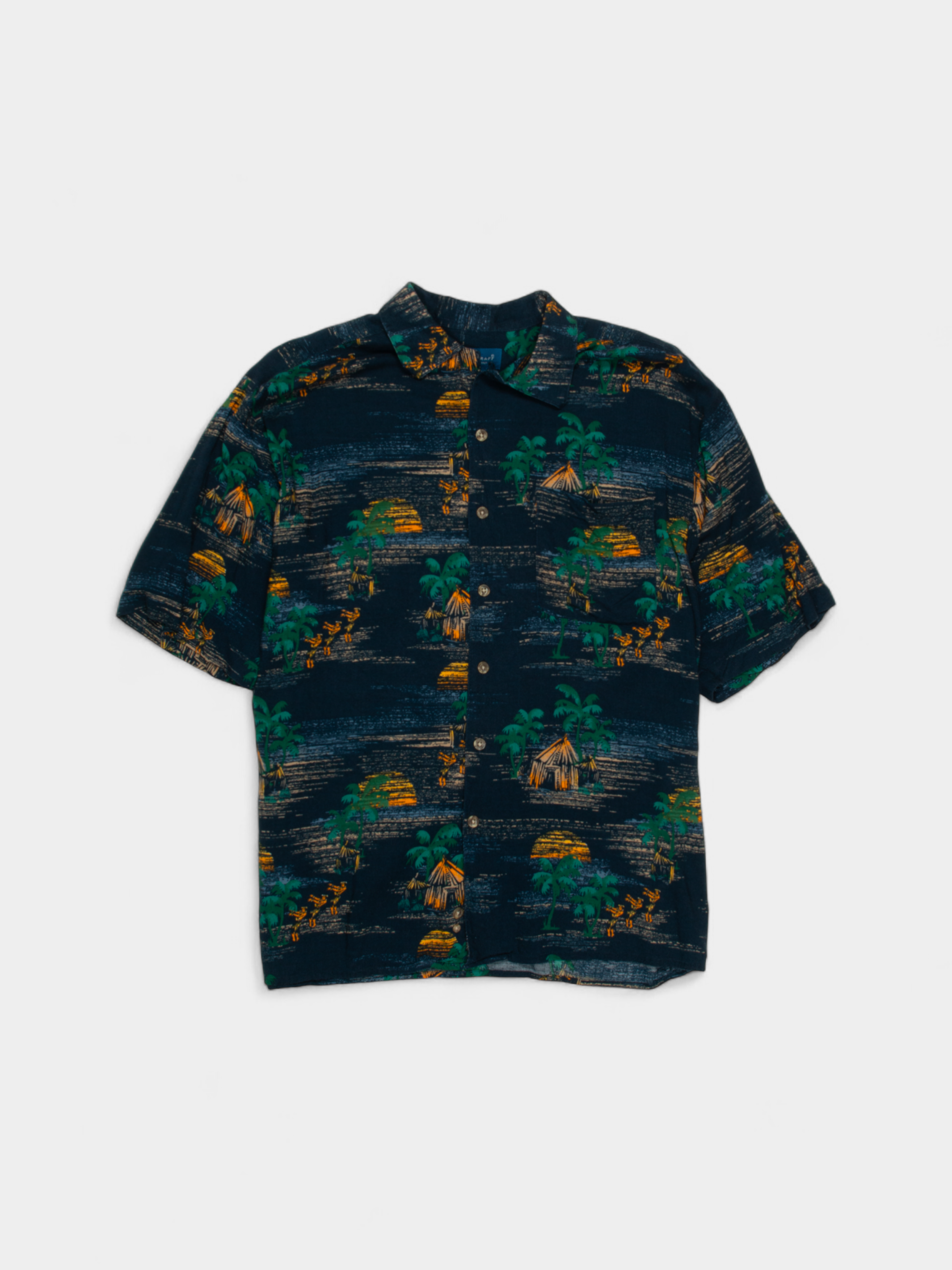 90s Tropical Print Green & Yellow Cotton Button-Up Shirt L - The Thrift