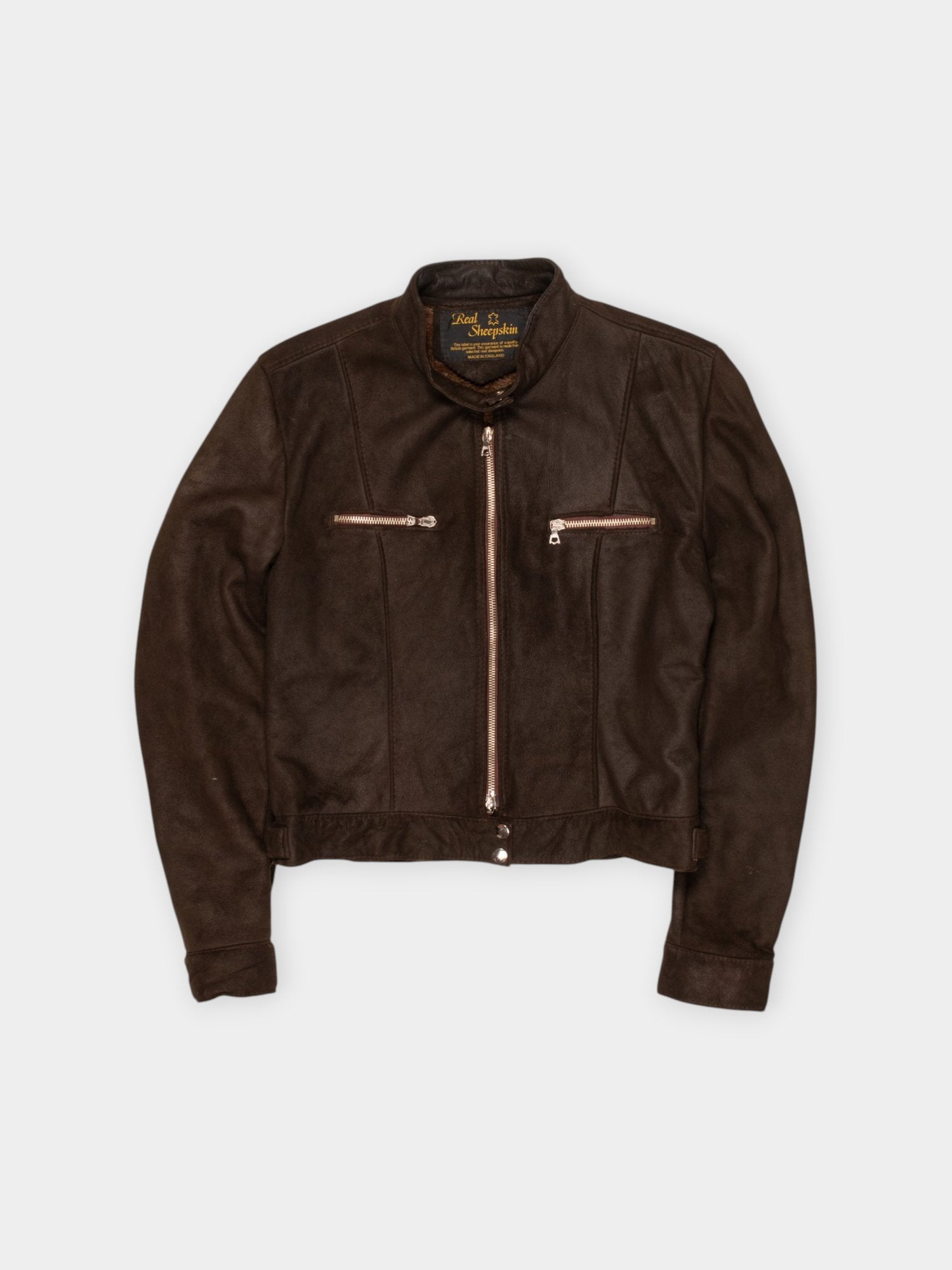Vintage Real Sheepskin Brown Biker Jacket M - The Thrift