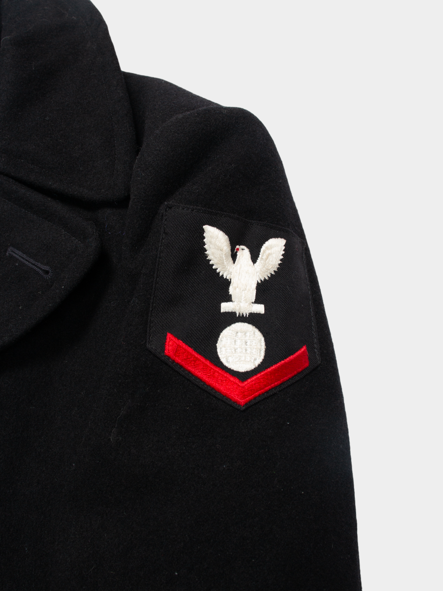 80s Vintage Black Military Pea Coat with Embroidered Patch L - The Thrift