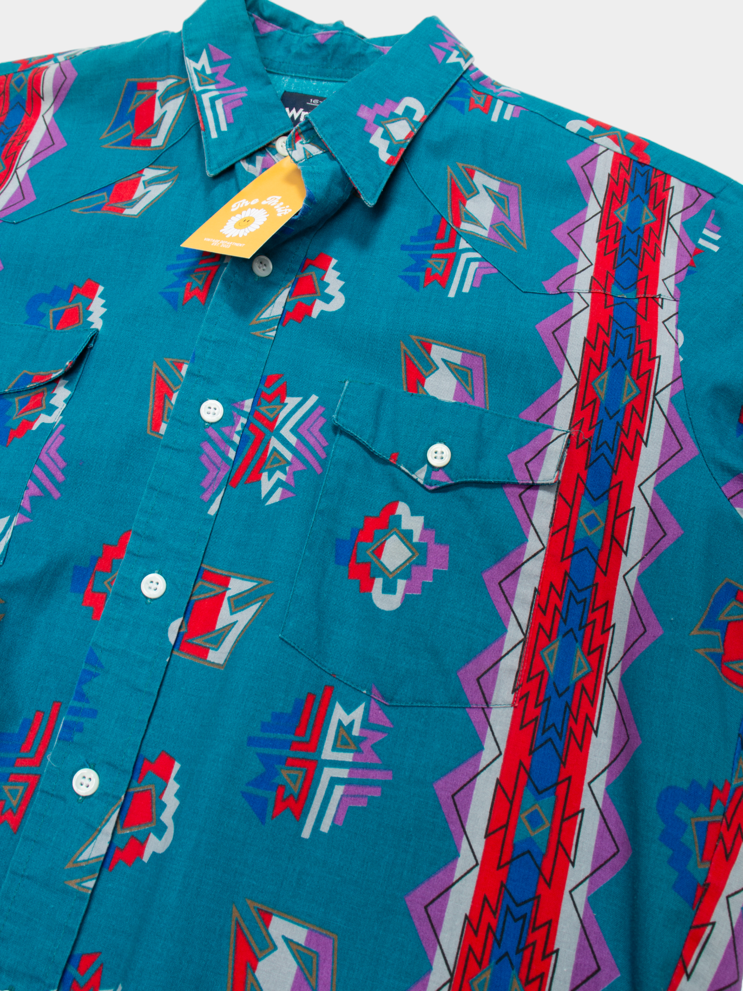 80s Wrangler Teal Multicolour Western Shirt M - The Thrift