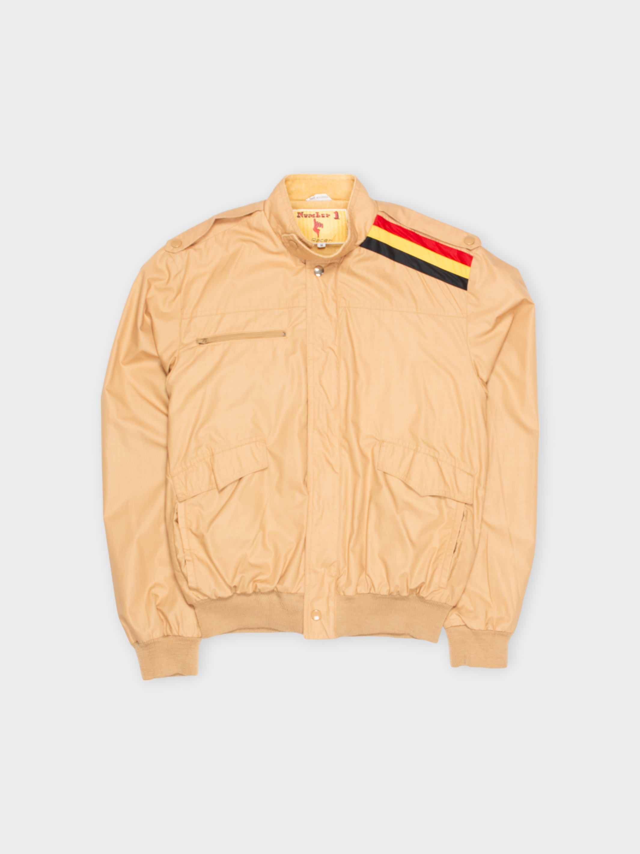 80s Number 1 Beige Racer Jacket with Striped Shoulder S - The Thrift