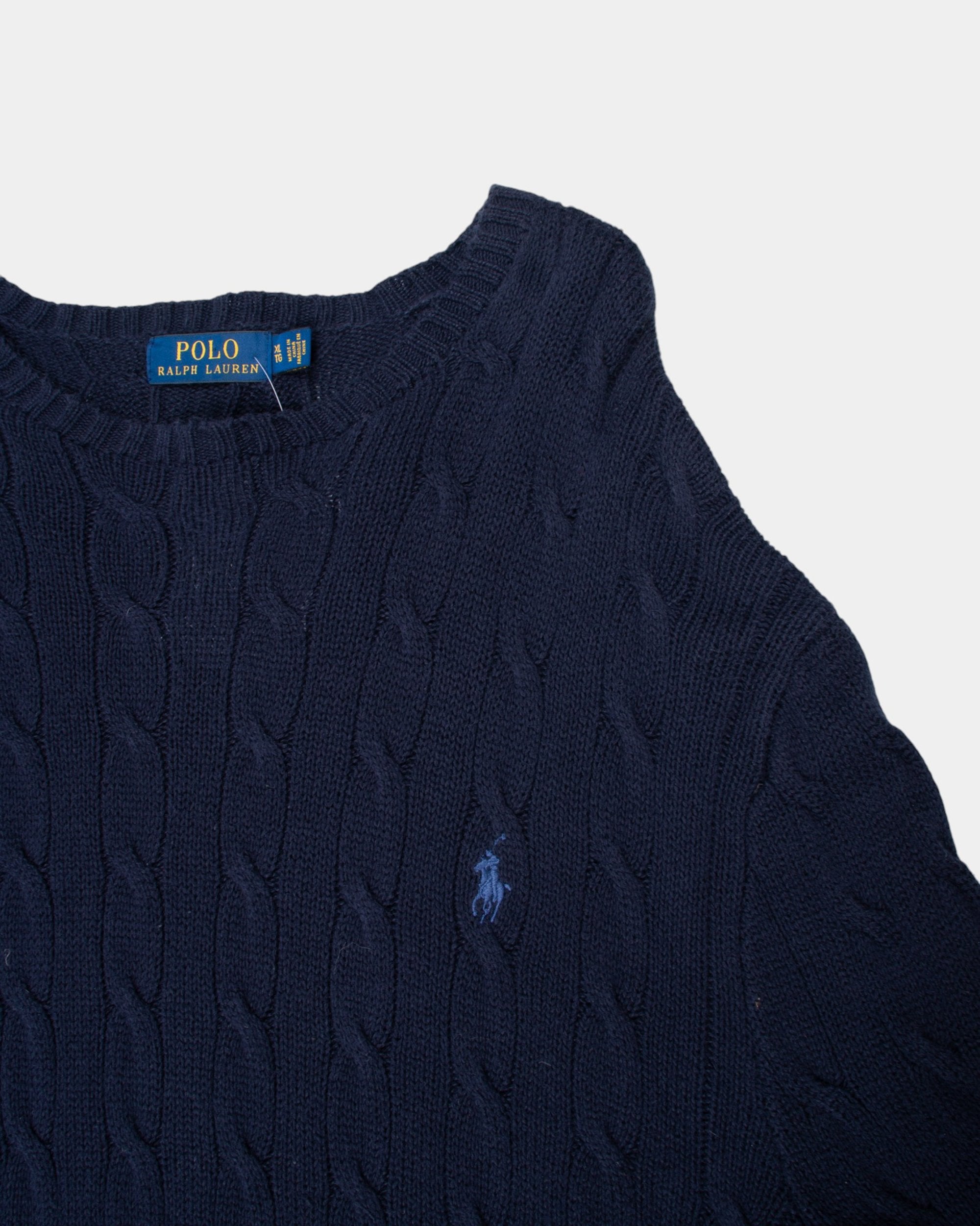 90s Polo Ralph Lauren Navy Cotton Cable Knit Jumper XL - The Thrift