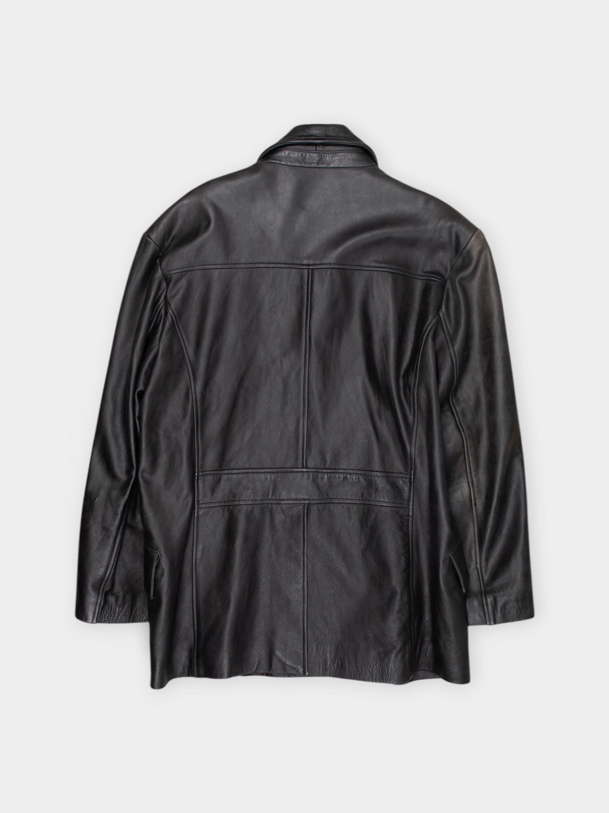 90s Petrol Black Leather Overcoat L - The Thrift