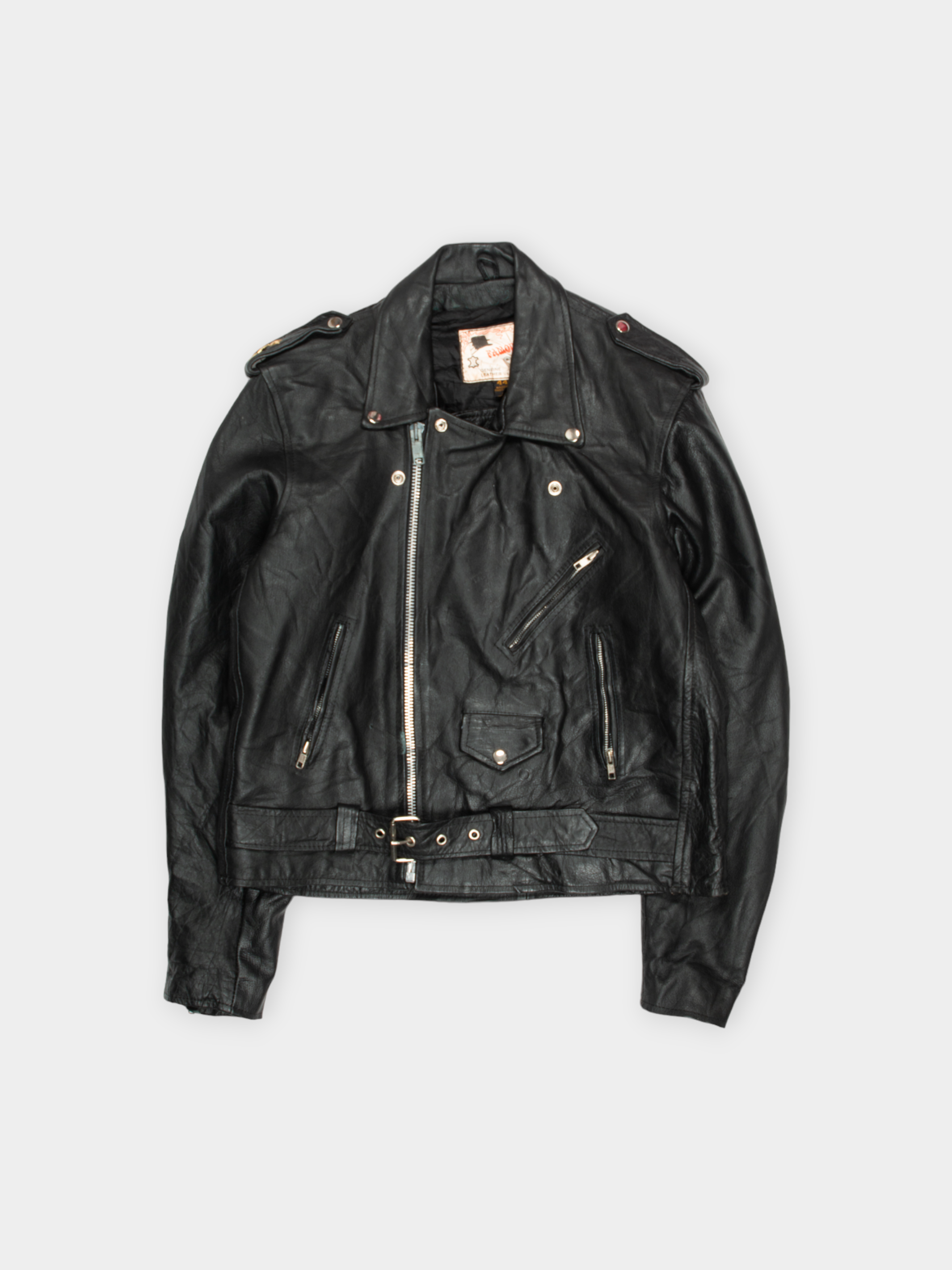 80s Famous Black Leather Motorcycle Jacket with Belt L - The Thrift