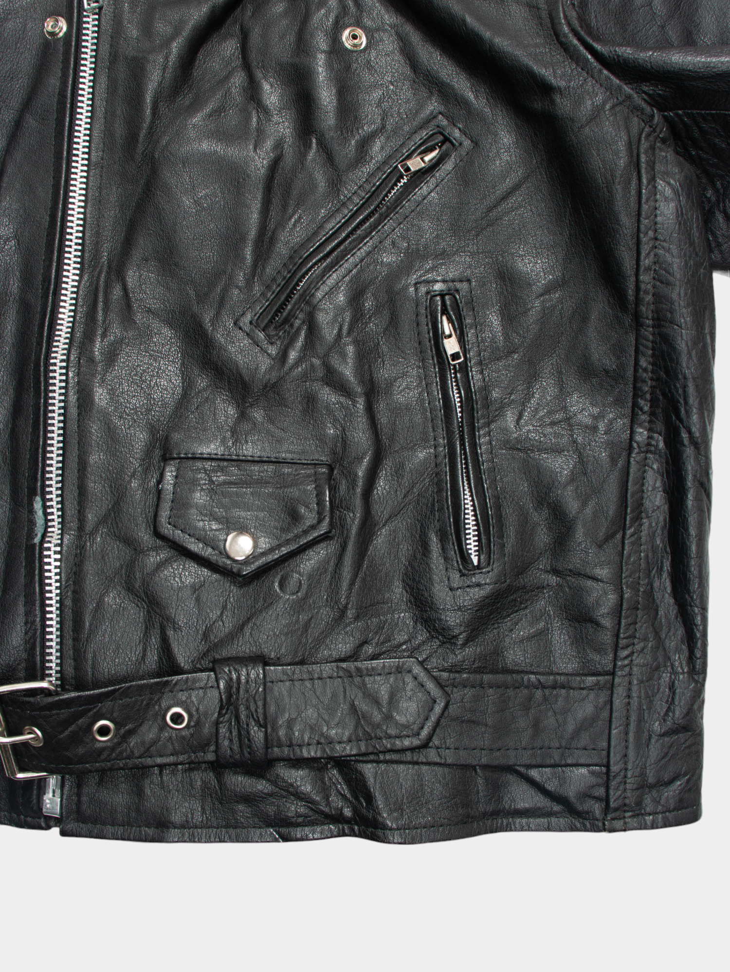 80s Famous Black Leather Motorcycle Jacket with Belt L - The Thrift