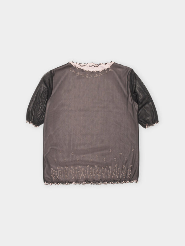 00s Embroidered Black Mesh Blouse UK 10