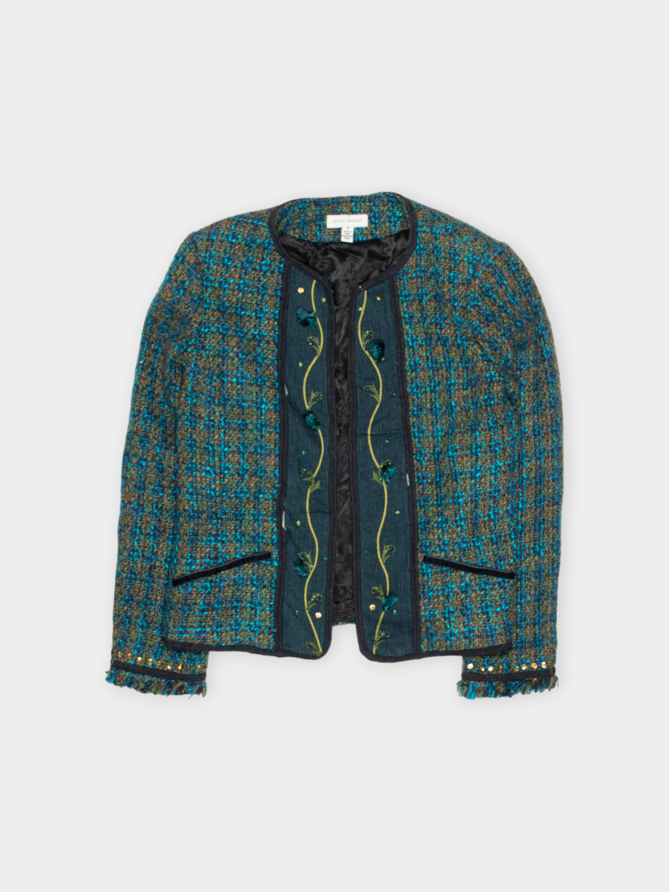 80s David Brooks Tweed Embroidered Open Jacket S - The Thrift