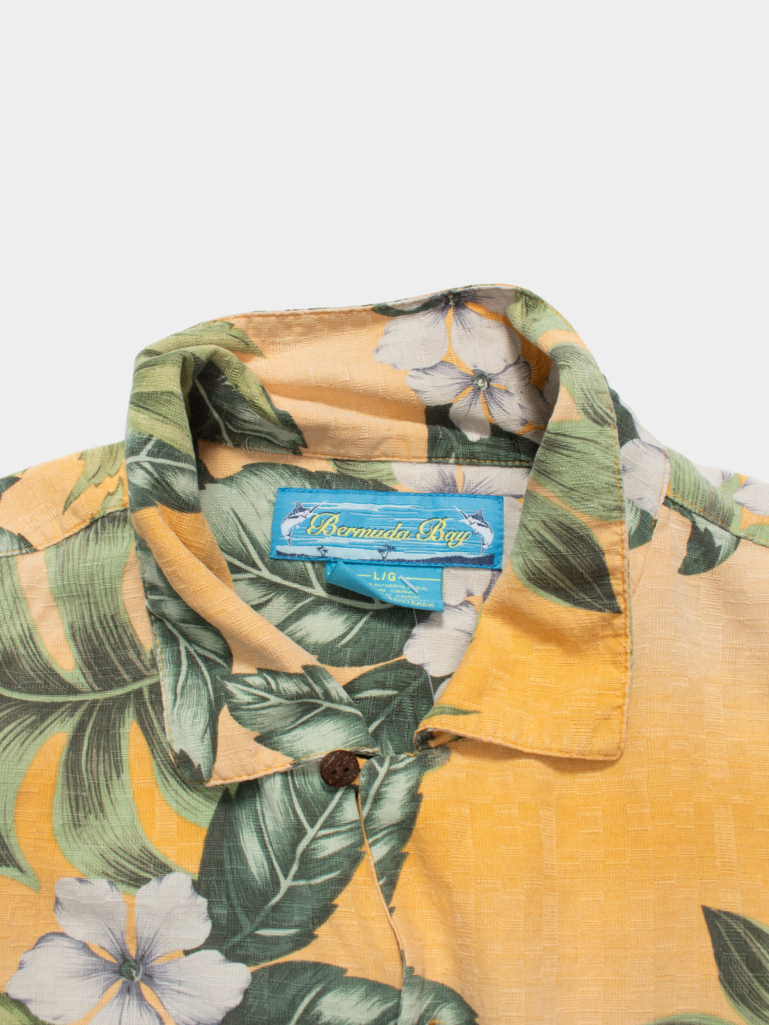90s Bermuda Bay Yellow Green Floral Hawaiian Shirt L - The Thrift