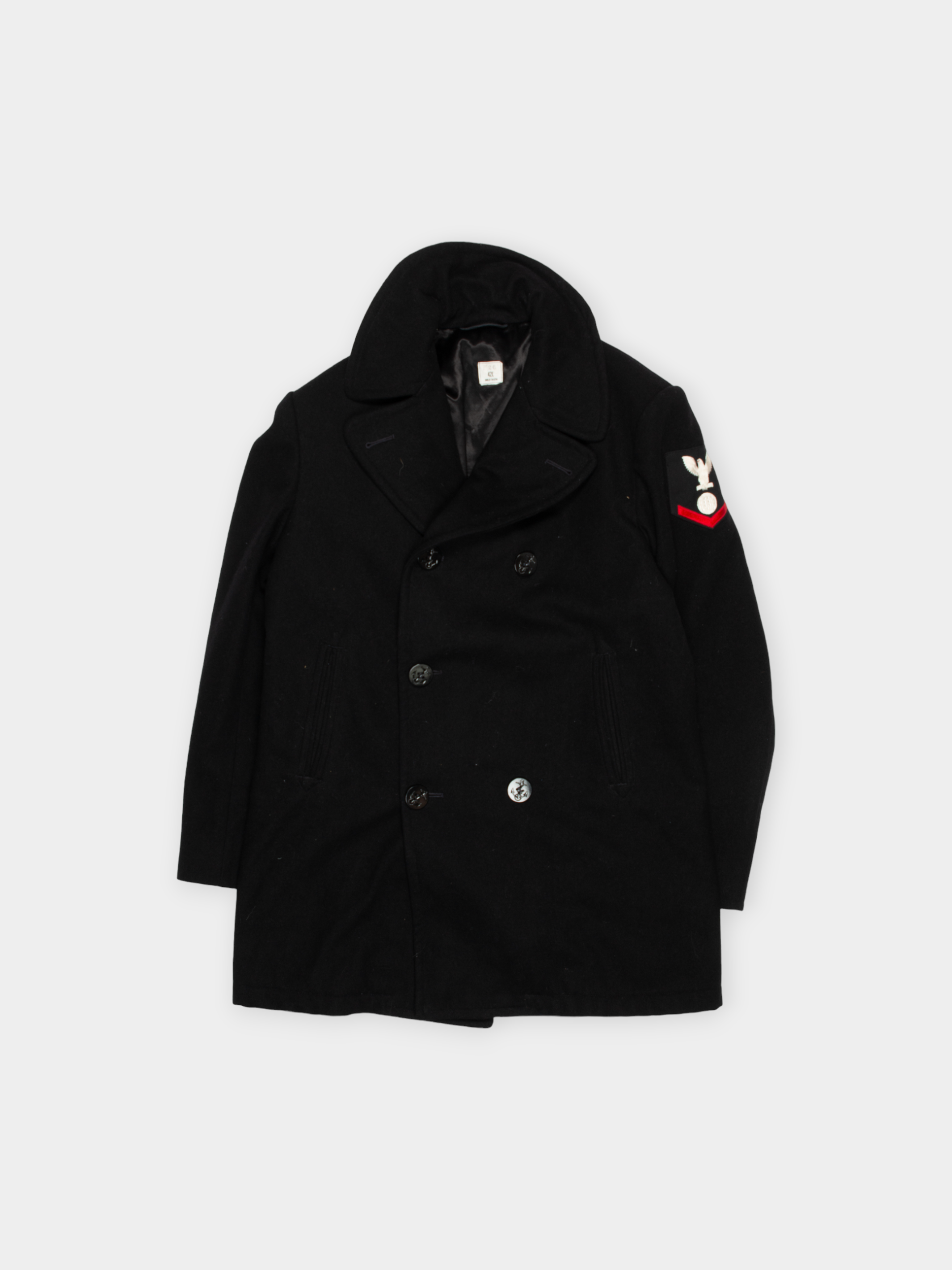 80s Vintage Black Military Pea Coat with Embroidered Patch L - The Thrift