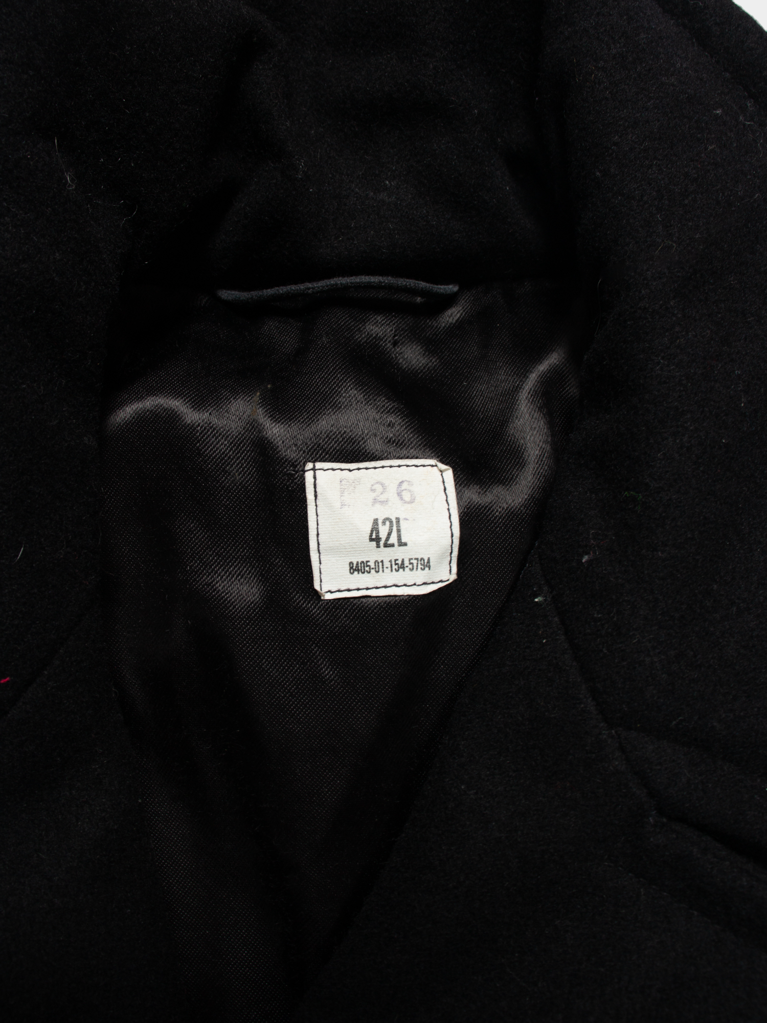 80s Vintage Black Military Pea Coat with Embroidered Patch L - The Thrift