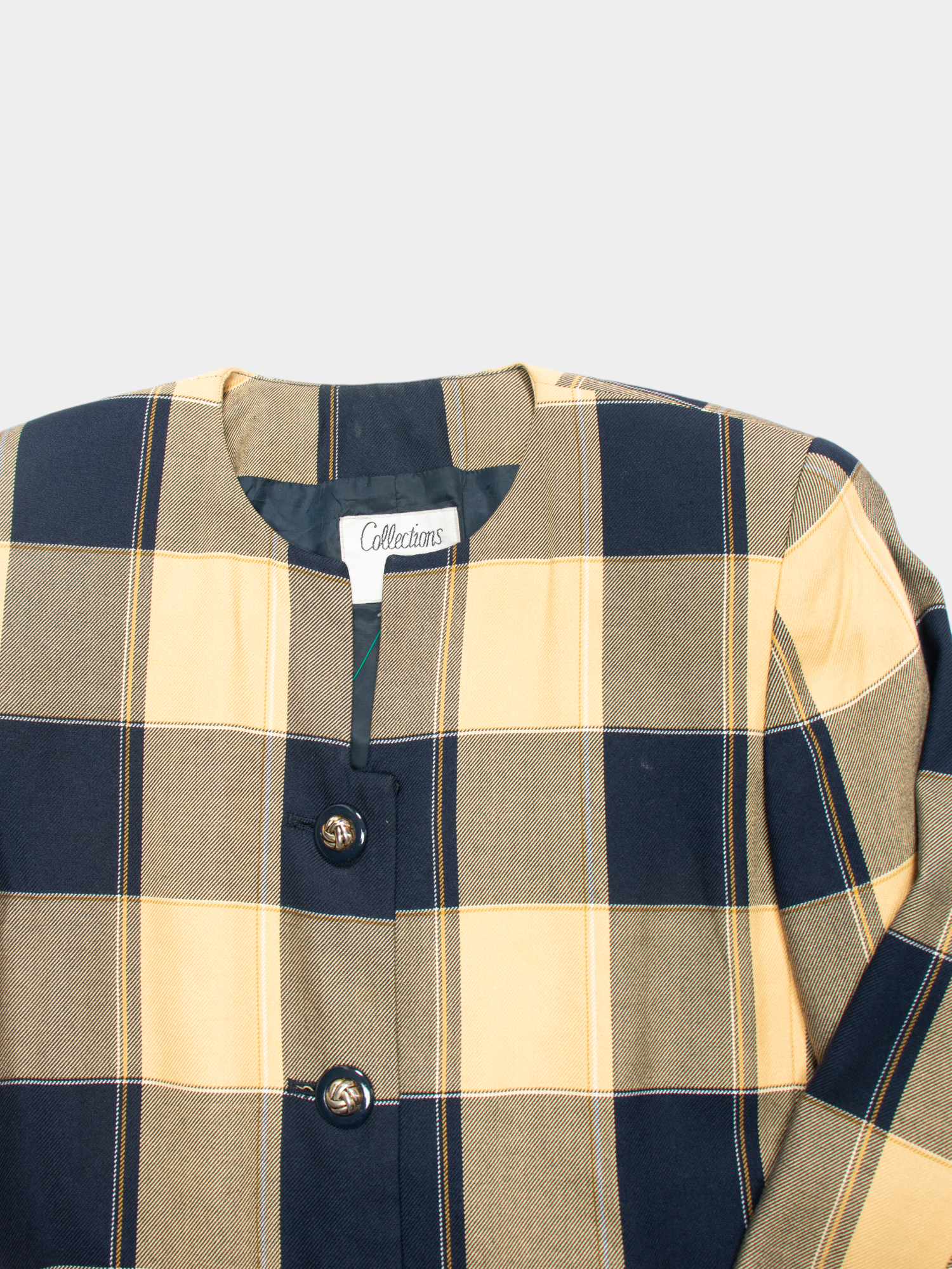 90s Collections Yellow & Blue Plaid Check Collarless Jacket S - The Thrift