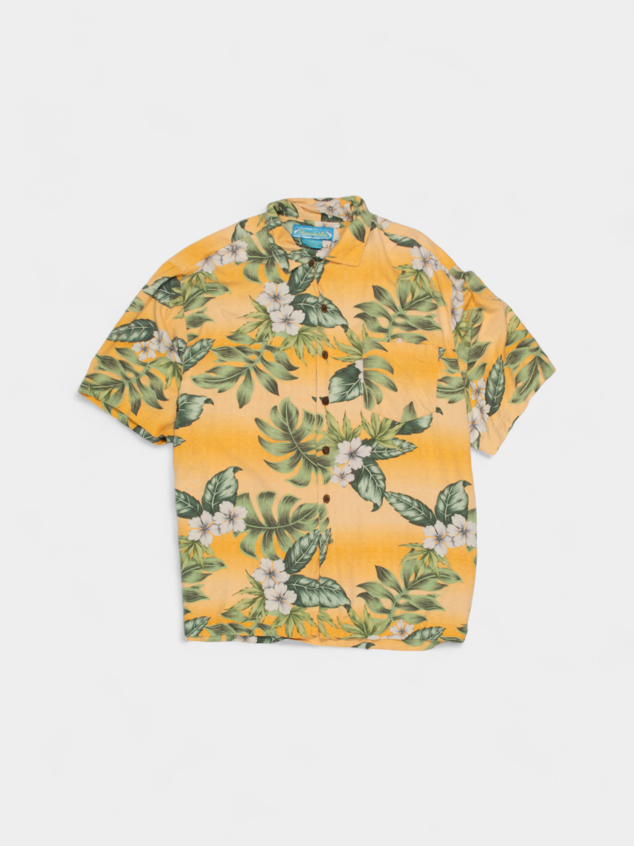 90s Bermuda Bay Yellow Green Floral Hawaiian Shirt L - The Thrift