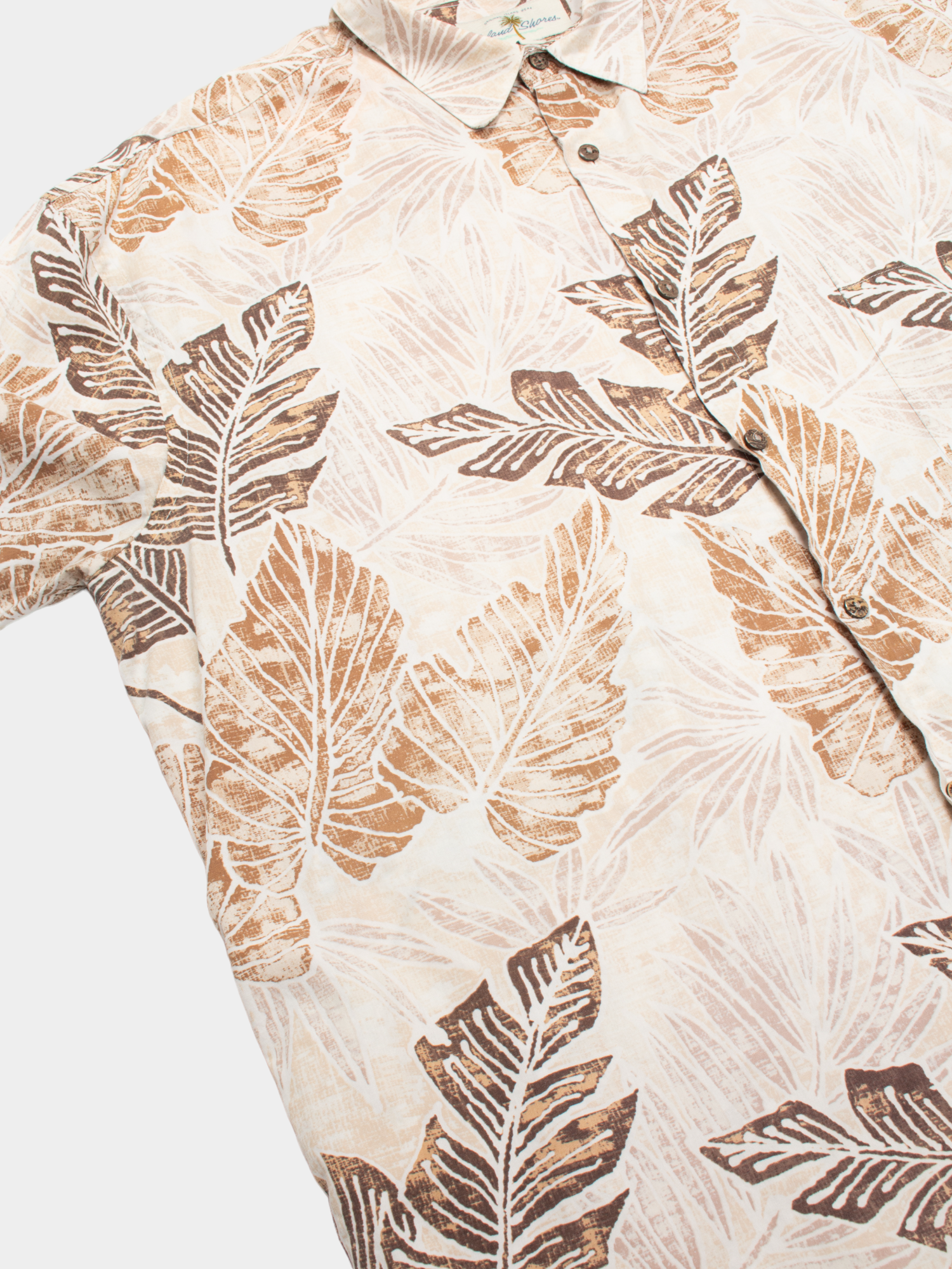 90s Island Shores Beige Leaf Print Cotton Hawaiian Shirt XL - The Thrift