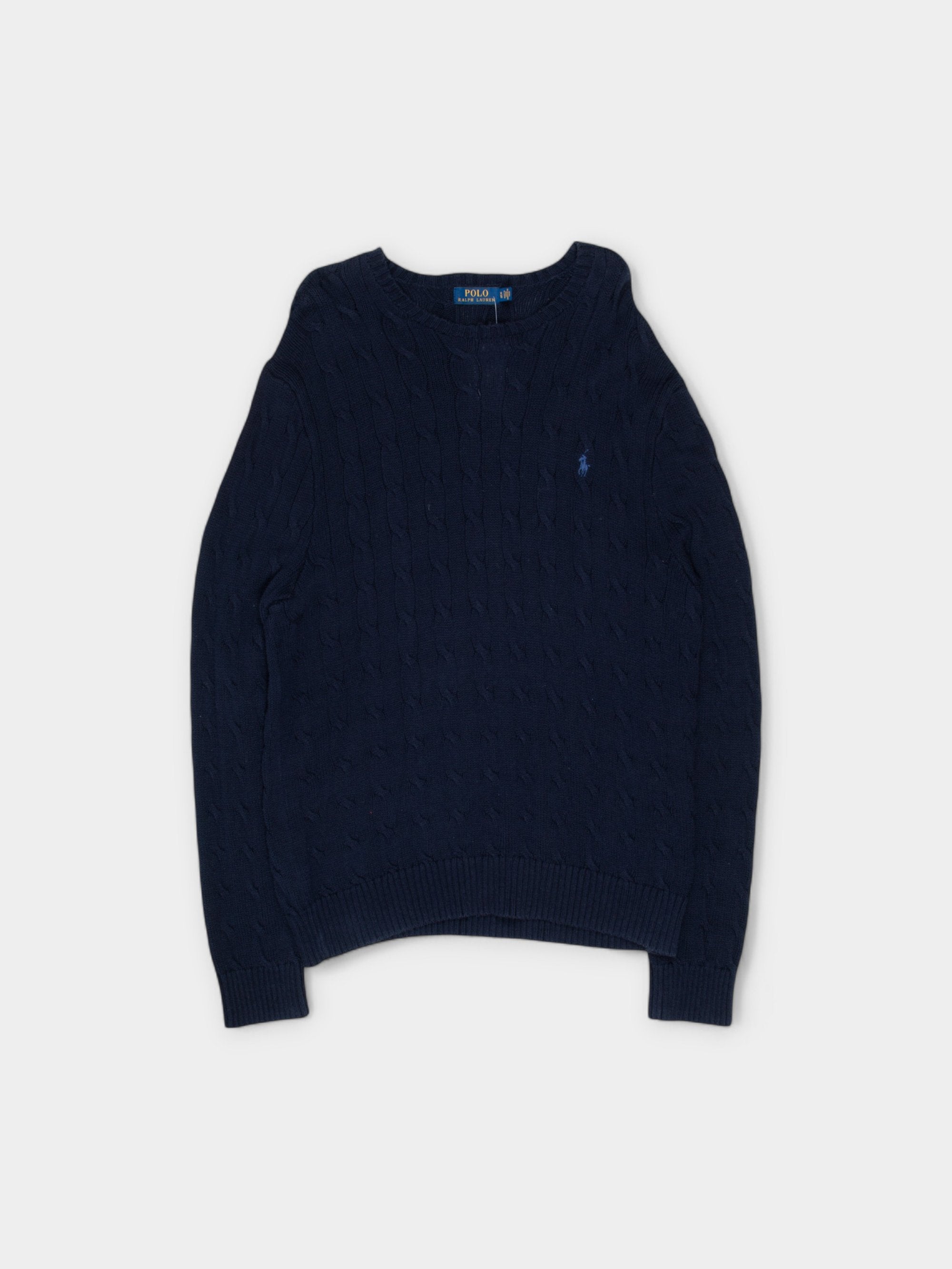 90s Polo Ralph Lauren Navy Cotton Cable Knit Jumper XL - The Thrift