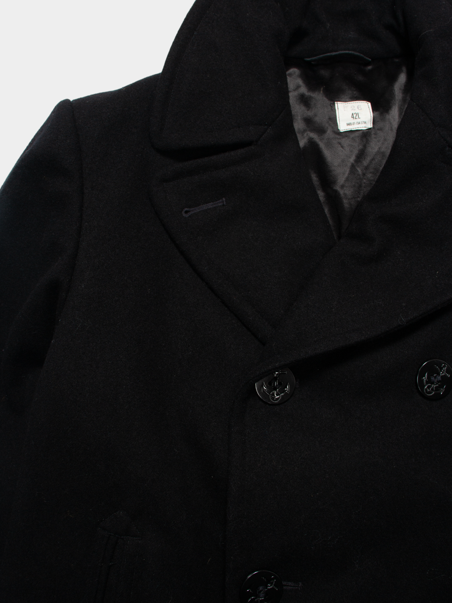 80s Vintage Black Military Pea Coat with Embroidered Patch L - The Thrift