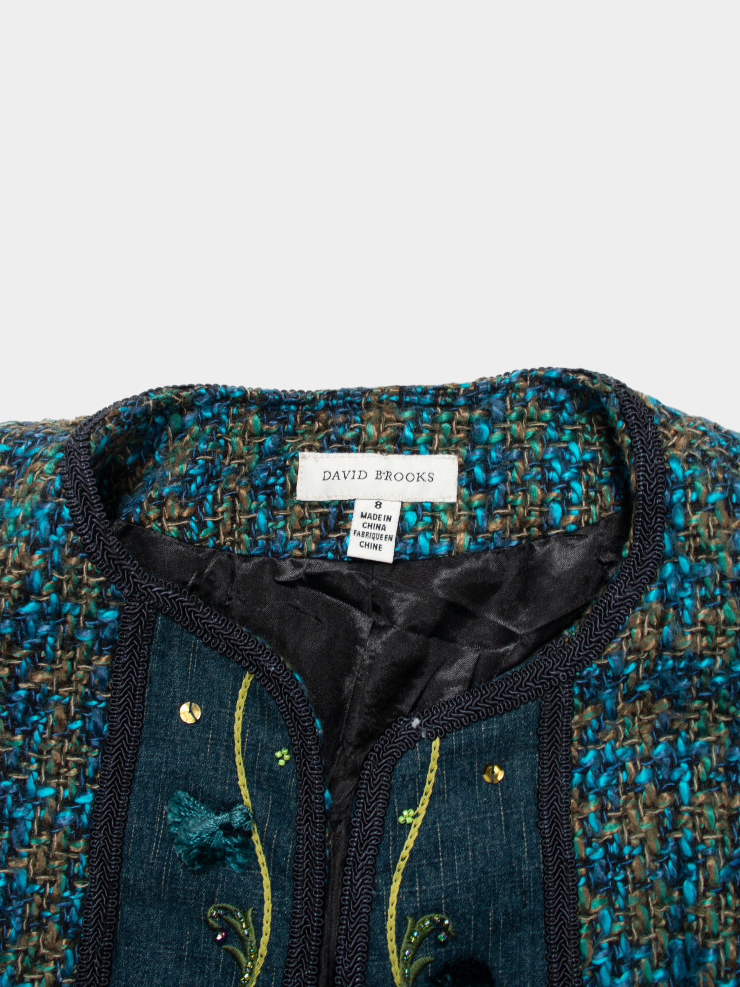 80s David Brooks Tweed Embroidered Open Jacket S - The Thrift