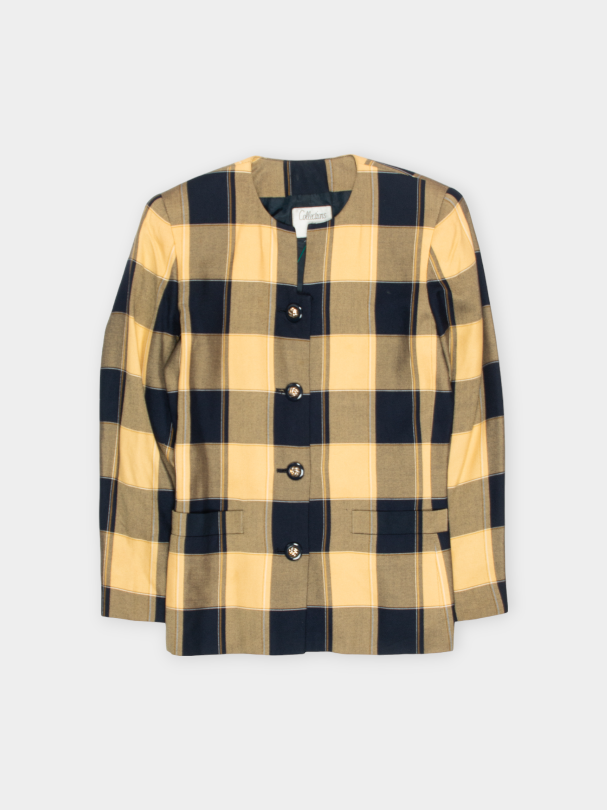 90s Collections Yellow & Blue Plaid Check Collarless Jacket S - The Thrift