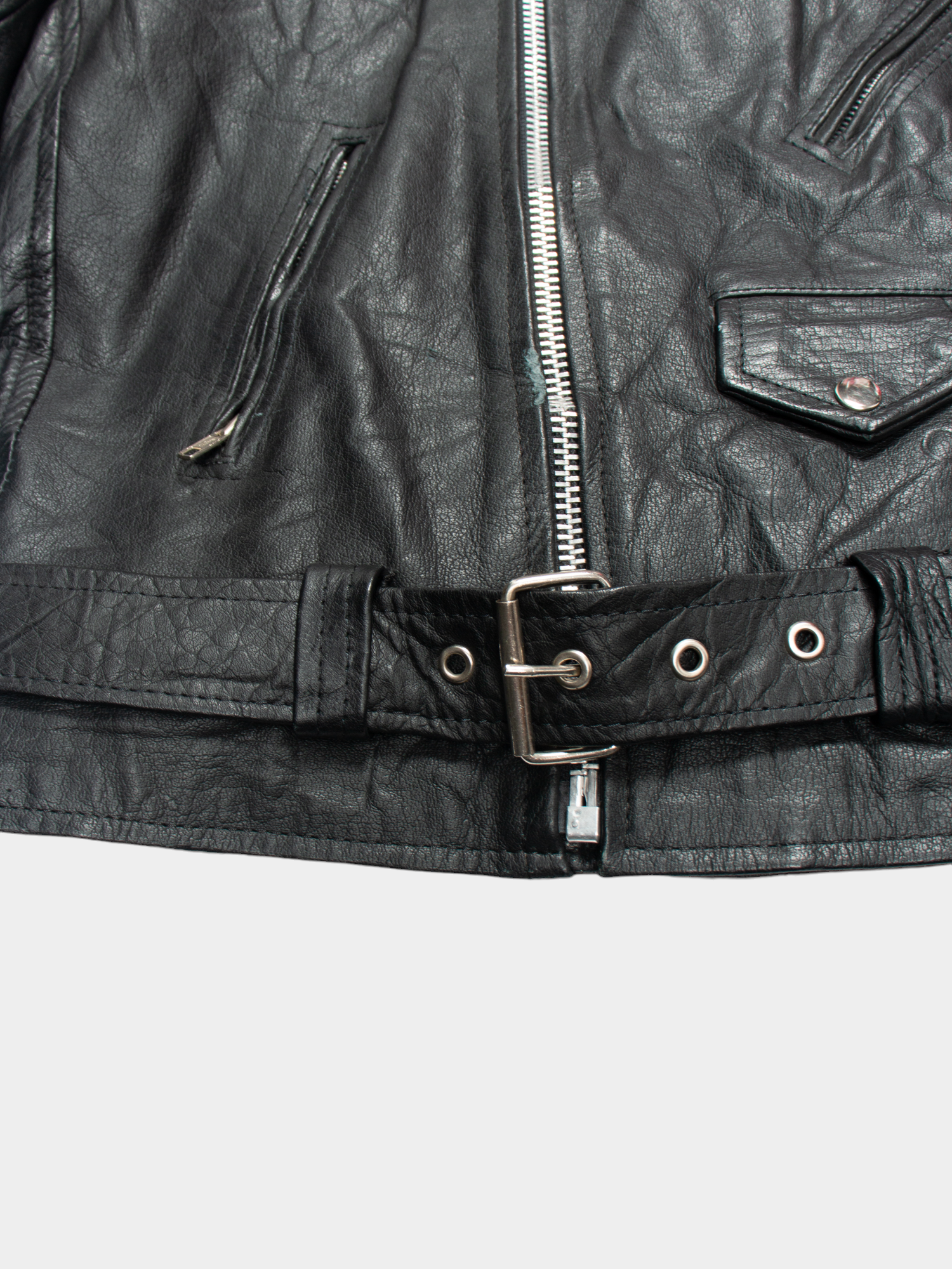 80s Famous Black Leather Motorcycle Jacket with Belt L - The Thrift